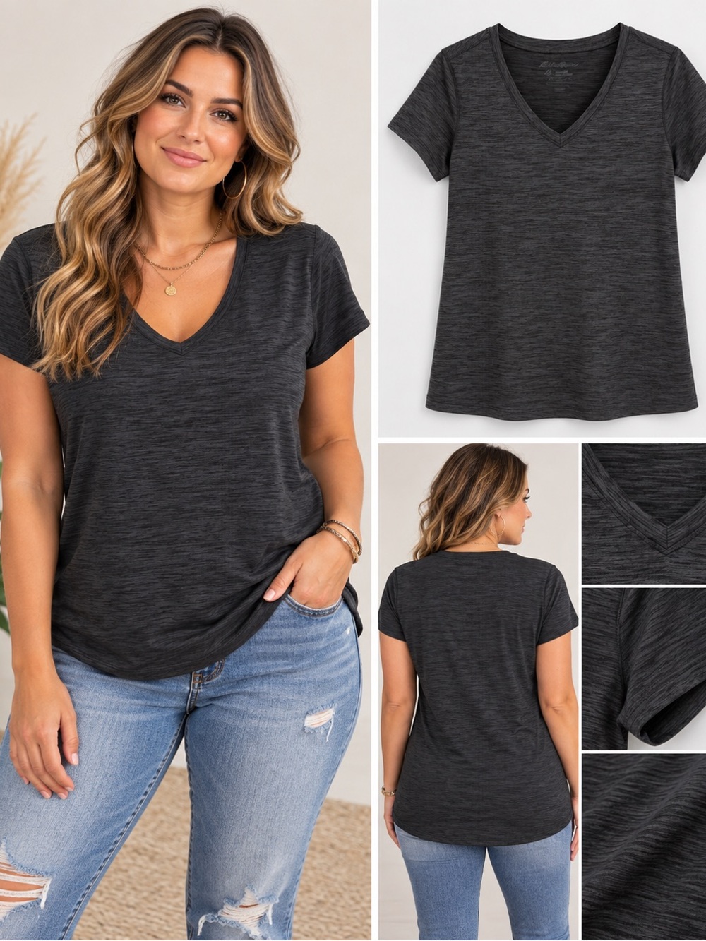 EDDIE BAUER | Women's Charcoal V-Neck Short Sleeve Tee